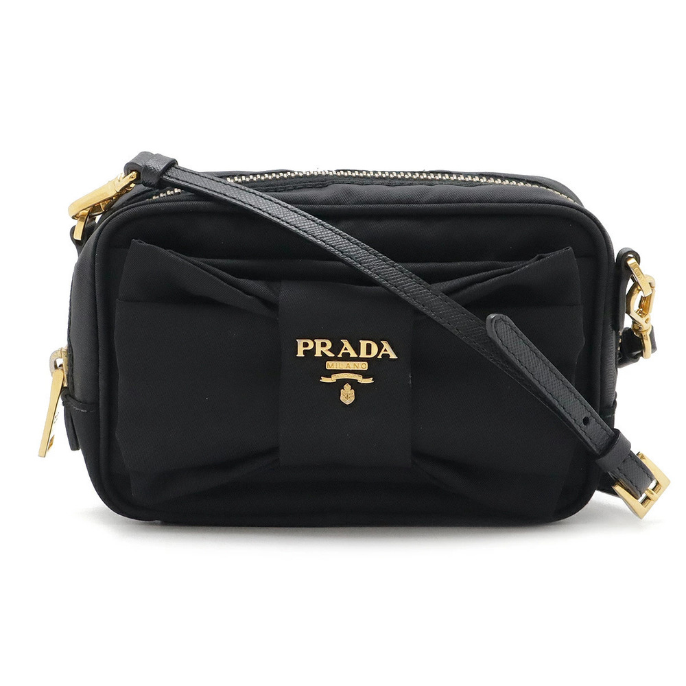 Prada Ribbon Crossbody Bag Pouch Clutch Leather Black Nero Black